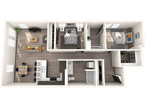 Floor plan for 2 beds, 2 baths, 989 sqft